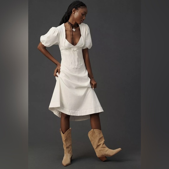 Anthropologie Dresses & Skirts - Maeve Anthropologie Puff-Sleeve Corset Linen Midi Dress - White Size Large